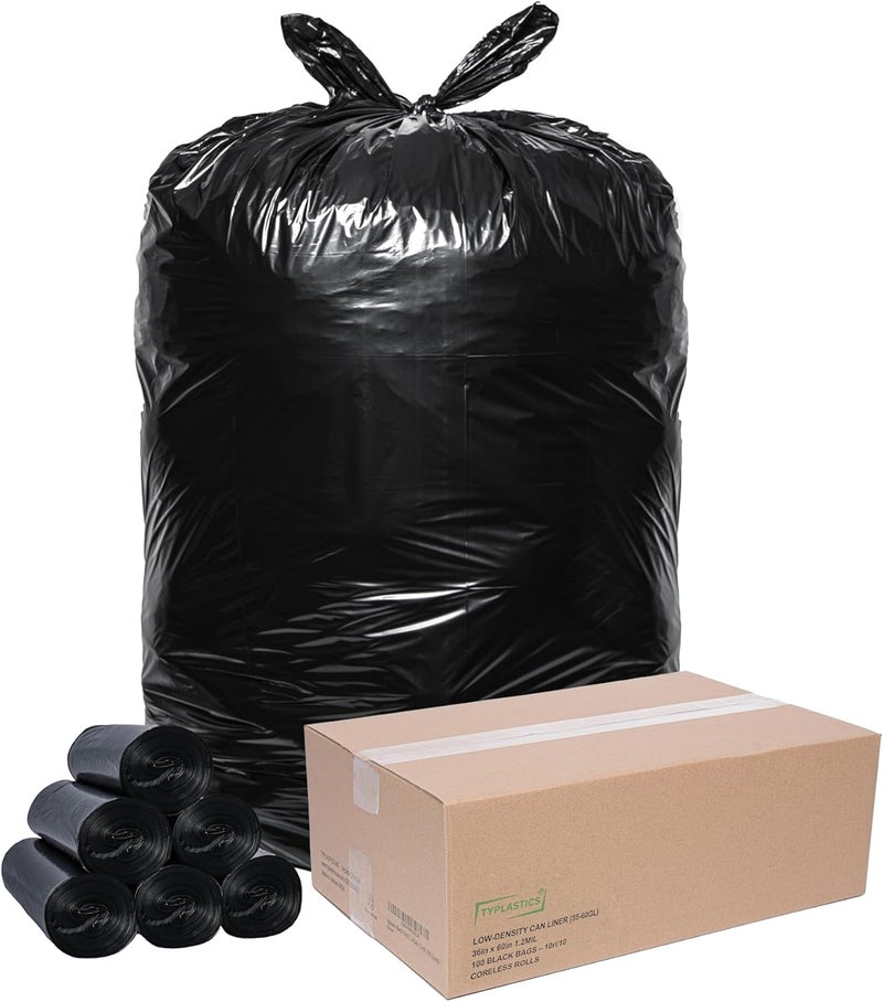 TYPLASTICS Heavy Duty 55-60 Gallon Trash Can Liners, 36" x 60", 1.2Mil, Black Garbage Bags, Multipurpose for Lawn, Leaf, Yard, Office, Outdoor, Gardening, Commercial and Industrial - Boxes of 100 - Image 1